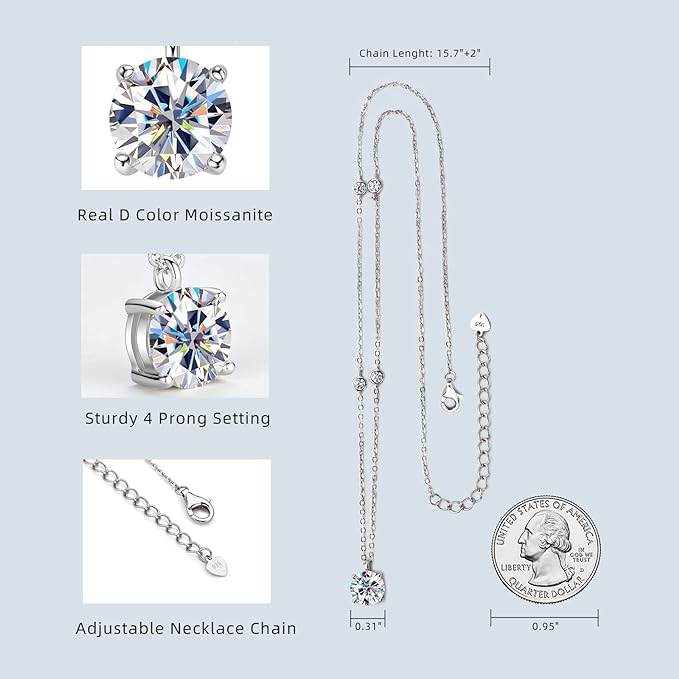 ONE : 💎Pendant Necklace 💎 MOISSANITE DIAMOND Style: Four-Claw Station-2CT (18K White Gold) OVER 925 Sterling Silver Necklace) D Color VVS1 Clarity