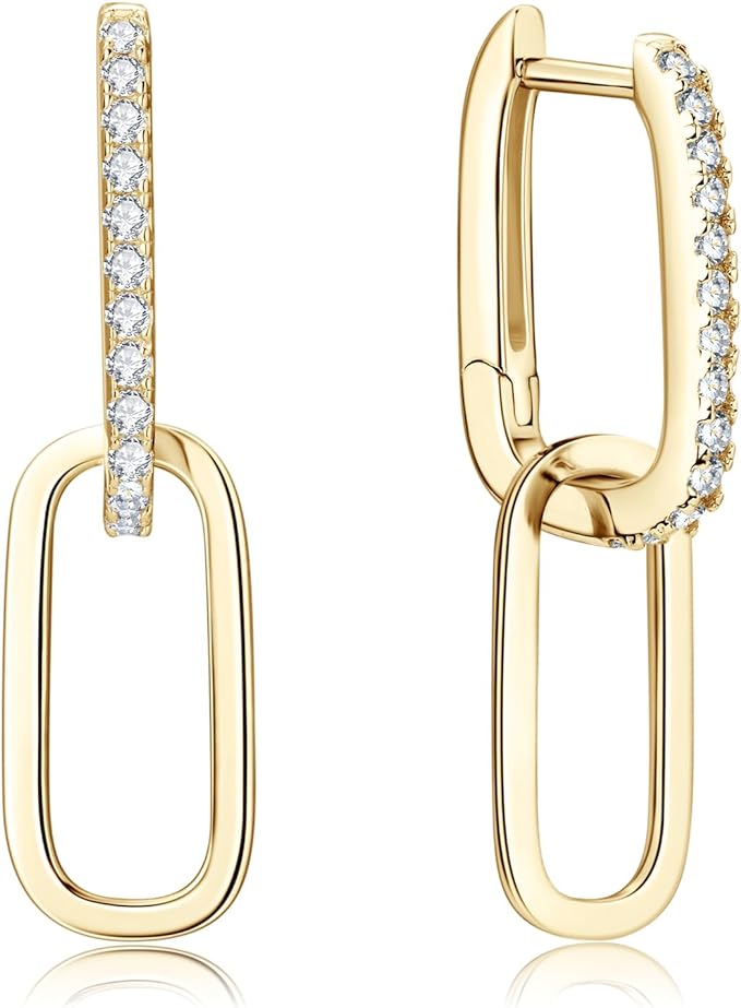 ONE PAIR: 925 Sterling Silver MOISSANITE Convertible Link Dangle Earrings Paperclip Link Chain Rectangle Drop Earrings, D-E Color Hypoallergenic, Jewelry Box Packed Brilliant ROUND CUT HIGH QUALITY MOISSANITE DIAMONDS 18K White Yellow Gold Plated