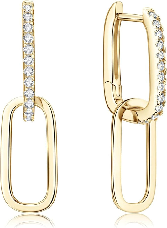 ONE PAIR: 925 Sterling Silver MOISSANITE Convertible Link Dangle Earrings Paperclip Link Chain Rectangle Drop Earrings, D-E Color Hypoallergenic, Jewelry Box Packed Brilliant ROUND CUT HIGH QUALITY MOISSANITE DIAMONDS 18K White Yellow Gold Plated