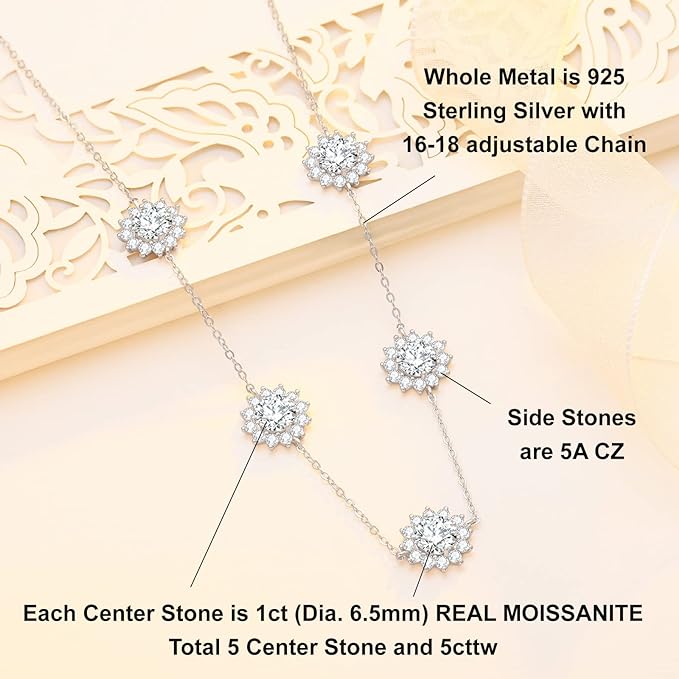 ONE :💎Pendant Necklace💎 Color: Pendant Necklace 5 Stones  total 5 STONES 5CTS WHITE MOISSANITE DIAMOND 18k WHITE GOLD PLATED OVER 925 STERLNG SILVER