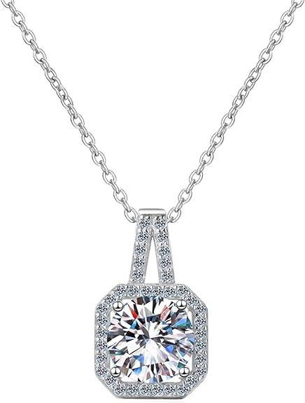 ONE : 💎Pendant Necklace 💎 MOISSANITE DIAMOND Square Halo Cut 1CT D Color VVS1 Clarity 14K White Gold Plated OVER 925 Sterling Silver Necklace