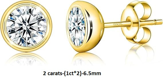 ONE PAIR: 925 Sterling Silver STUD MOISSANITE Earrings  Brilliant ROUND CUT HIGH QUALITY MOISSANITE DIAMOND 18 K Gold Plated 2 carats-(1ct*2)-6.5mm