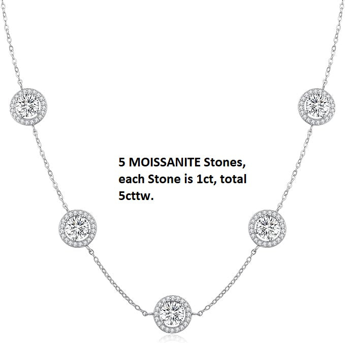 ONE :💎Pendant Necklace💎 5 MOISSANITE Stones, each stone is 1ct, total 5cttw. MOISSANITE DIAMOND  Halo Round 18k WHITE GOLD PLATED OVER 925 STERLNG SILVER