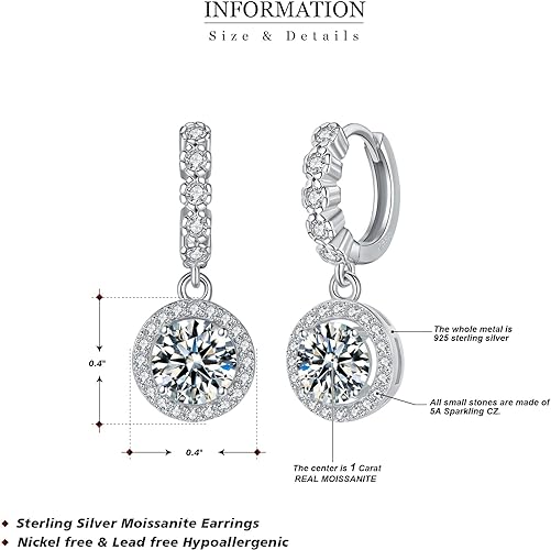 ONE PAIR: 925 Sterling Silver MOISSANITE DROP Earrings HIGH QUALITY MOISSANITE DIAMOND Brilliant ROUND CUT