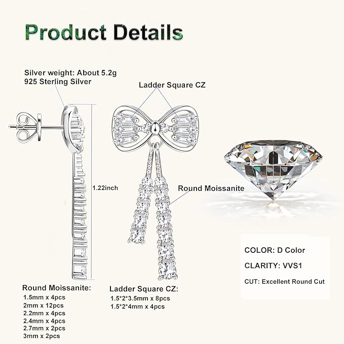 ONE PAIR: Gorgeous Bowknot stud drop dangle earrings MOISSANITE DIAMONDS D Color VVS1 Clarity Brilliant (2pcs)/5mm MOISSANITE diamonds, 1.0cttw per pair 18K White Gold