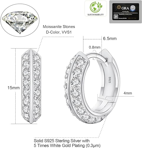 ONE PAIR: HOOP Earrings, MOISSANITE Diamonds 14K WHITE GOLD PLATED OVER 925 Sterling Silver, Comes With A GRA Certificate. Color: Silver-1.0ct-Double row