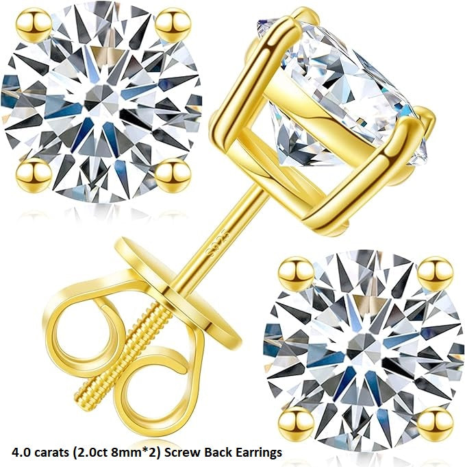 ONE PAIR: of Earrings 4.0 carats (2.0ct 8mm*2) Screw Back HIGH QUALITY MOISSANITE DIAMOND EARRINGS SCREW BACK 925 Sterling Silver and Gold Plated