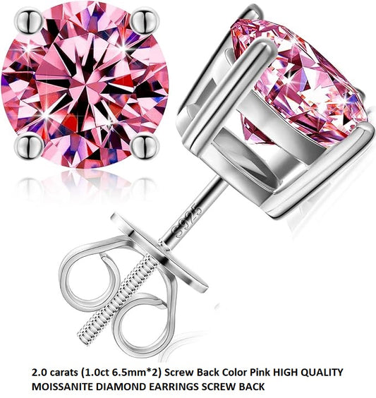 ONE PAIR: of Earrings 2.0 carats (1.0ct 6.5mm*2) Screw Back Color Pink HIGH QUALITY MOISSANITE DIAMOND EARRINGS SCREW BACK