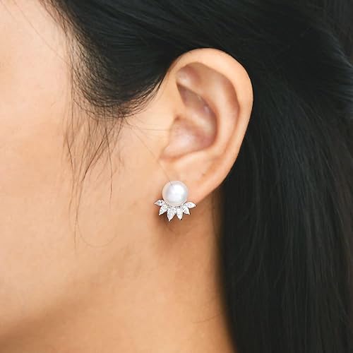 ONE PAIR:  Elegant Freshwater Cultured White Pearl Drop Stud Earrings  AAAA Cubic Zirconia set in Sterling Silver