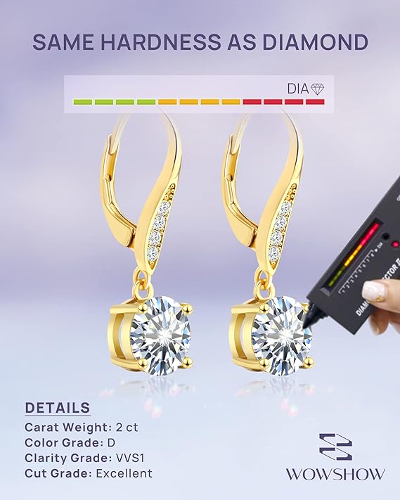 ONE PAIR:18K Gold Plated in 925 Sterling Silver Dangle Earrings Leverback Drop Earrings  Color  Brilliant Round Cut HIGH QUALITY MOISSANITE DIAMOND 3.0 Carats- ROUND 4.0 Carats-(2ct*2)-8mm 18K Gold Plated