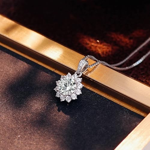 ONE : 💎Pendant Necklace 💎 MOISSANITE DIAMOND Style: Sun Flower (18K WHITE Gold) OVER 925 Sterling Silver Necklace) D Color VVS1 Clarity 1CT