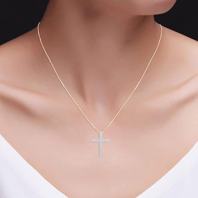 ONE :💎Pendant Cross Necklace💎MOISSANITE DIAMOND 14k YELLOW GOLD PLATED OVER 925 STERLNG SILVER