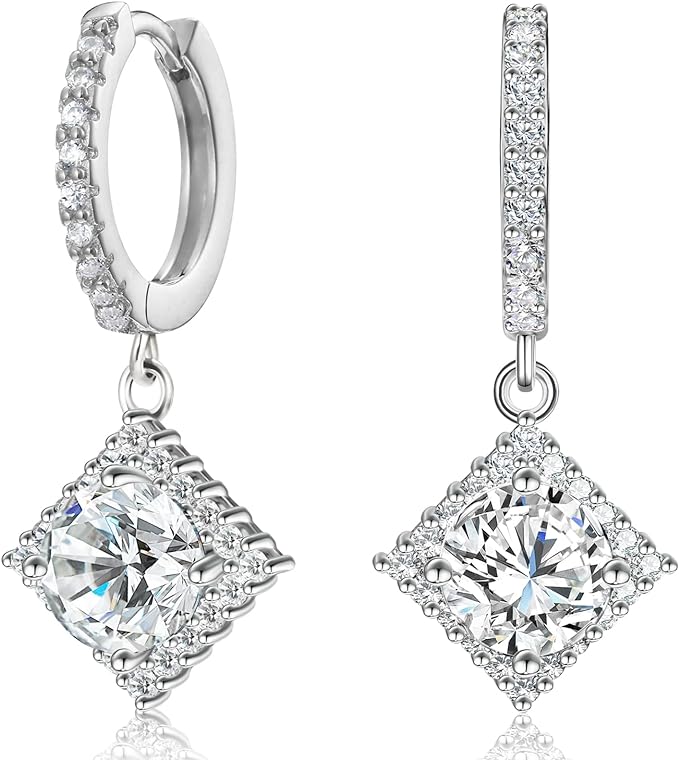 ONE PAIR: 925 Sterling Silver HOOP DROP MOISSANITE Earrings  Brilliant ROUND CUT HIGH QUALITY MOISSANITE DIAMOND 18 K White Gold Plated