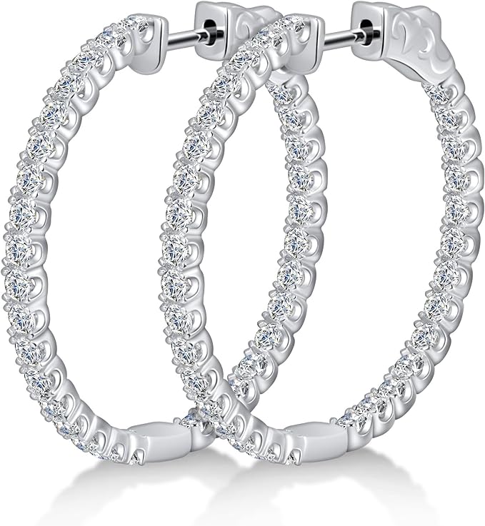 ONE PAIR: MOISSANITE Hoop Earrings for Women S925 Sterling Silver D Color VVS1 Round Cut Lab Created MOISSANITE Earrings Inside Out Round Loops Earrings Hypoallergenic Large Huggie Hoop Earrings  Color: 1.86ct