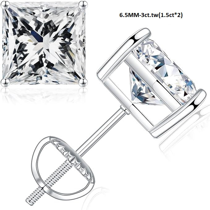 ONE PAIR: Princess Moissanite Diamond Studs Earrings ,925 Sterling Silver HIGH QUALITY MOISSANITE DIAMONDS 6.5MM-3ct.tw(1.5ct*2)