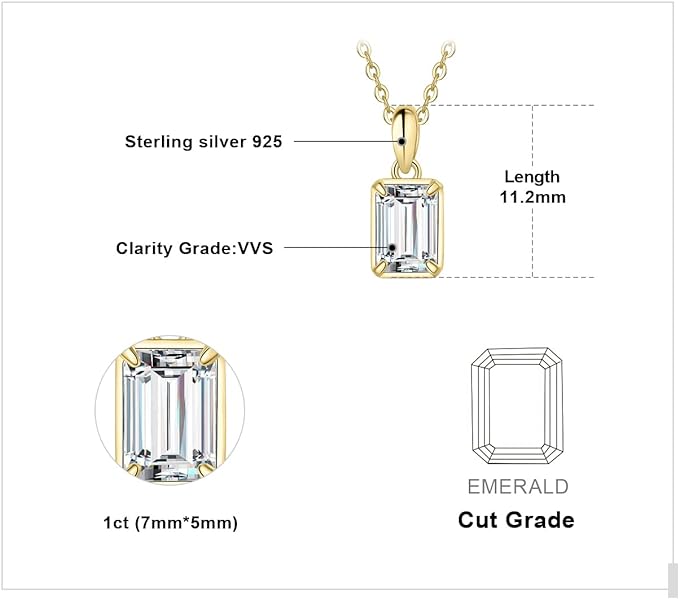 ONE : 💎Pendant Necklace 💎 MOISSANITE DIAMOND Emerald Cut 1CT D Color VVS1 Clarity 14K YELLOW Gold Plated OVER 925 Sterling Silver Necklace