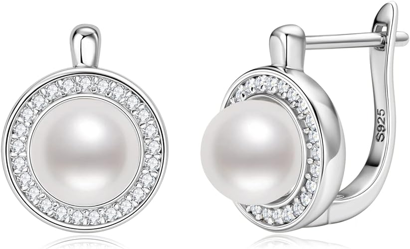 ONE PAIR: Gorgeous Freshwater Cultured White Pearl Drop Stud Earrings MOISSANITE DIAMONDS D Color VVS1 Clarity Brilliant Silver