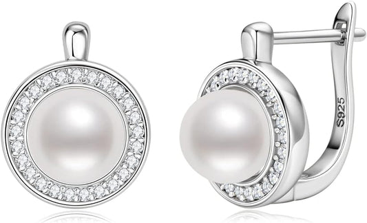 ONE PAIR: Gorgeous Freshwater Cultured White Pearl Drop Stud Earrings MOISSANITE DIAMONDS D Color VVS1 Clarity Brilliant Silver