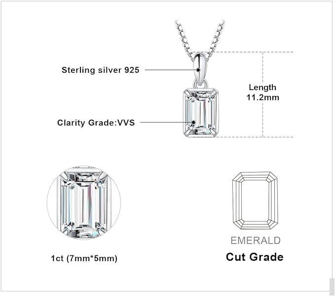 ONE : 💎Pendant Necklace 💎 MOISSANITE DIAMOND 1 Carats D Color VVS1 Clarity 14K Gold Plated OVER 925 Sterling Silver Necklace Emerald Cut