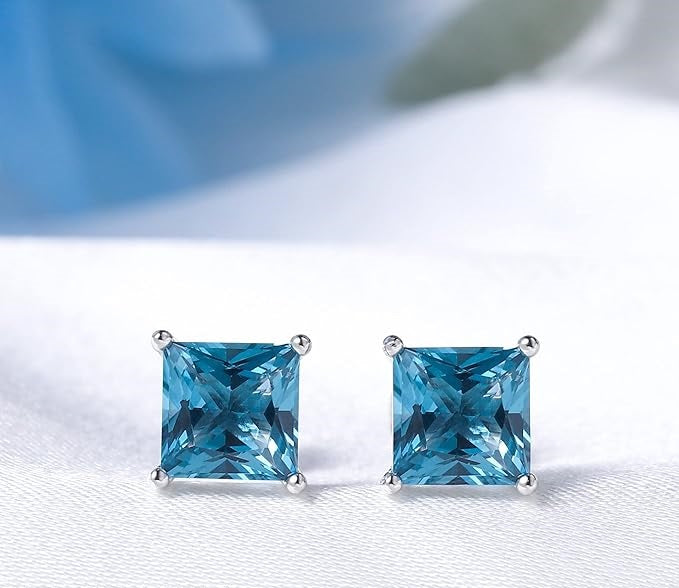 ONE PAIR: Princess Moissanite Diamond Studs Earrings ,925 Sterling Silver HIGH QUALITY MOISSANITE DIAMOND with18K White Gold Plated 6MM-2.4ct.tw(1.2ct*2)  Color: London Blue Topaz