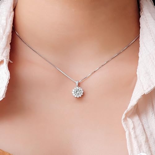 ONE : 💎Pendant Necklace 💎 MOISSANITE DIAMOND Style: Sun Flower (18K WHITE Gold) OVER 925 Sterling Silver Necklace) D Color VVS1 Clarity 1CT