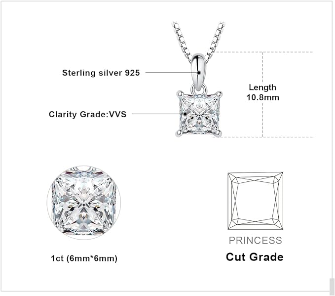 ONE : 💎Pendant Necklace 💎 MOISSANITE DIAMOND Princess Cut D Color VVS1 Clarity 14K Gold Plated OVER 925 Sterling Silver Necklace