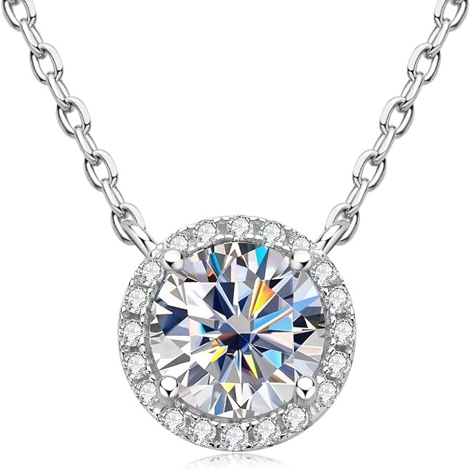 ONE : 💎Pendant Necklace 💎 MOISSANITE DIAMOND Style: Round Halo-1CT (18K White Gold) OVER 925 Sterling Silver Necklace) D Color VVS1 Clarity