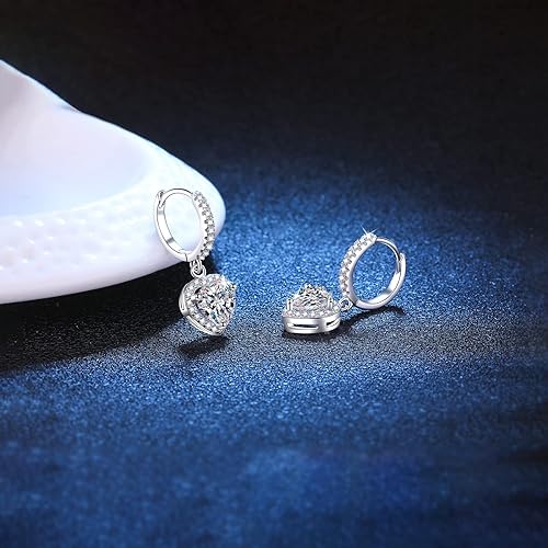 ONE PAIR: 925 Sterling Silver MOISSANITE DROP DANGLE HEART Earrings HIGH QUALITY MOISSANITE DIAMOND Brilliant ROUND CUT