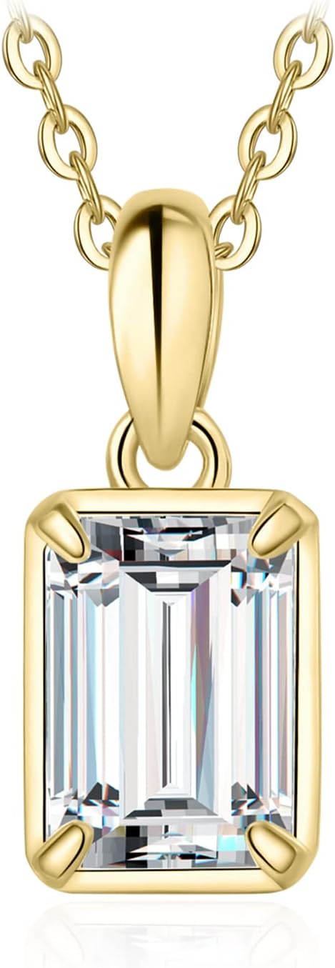 ONE : 💎Pendant Necklace 💎 MOISSANITE DIAMOND Emerald Cut 1CT D Color VVS1 Clarity 14K YELLOW Gold Plated OVER 925 Sterling Silver Necklace