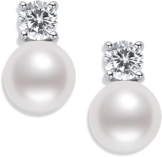 ONE PAIR:  Elegant Freshwater Cultured White 6.5-7 mm Pearl Drop Stud Earrings MOISSANITE DIAMONDS D Color VVS1 Clarity Brilliant Silver