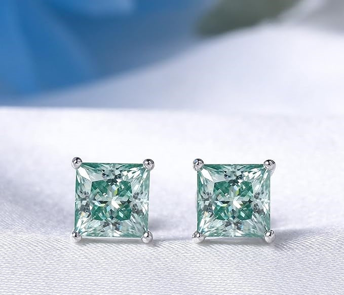 ONE PAIR: Princess Moissanite Diamond Studs Earrings ,925 Sterling Silver HIGH QUALITY MOISSANITE DIAMOND with18K White Gold Plated 6MM-2.4ct.tw(1.2ct*2) Color: GREEN MOISSANITE