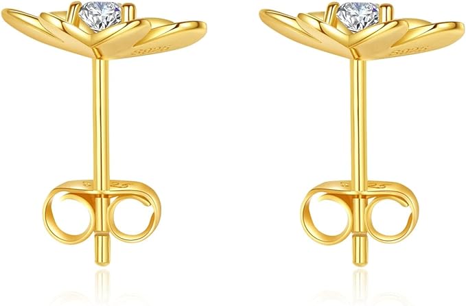 ONE PAIR: Stud Earrings 14K YELLOW GOLD PLATED MOISSANITE DIAMONDS FLOWER