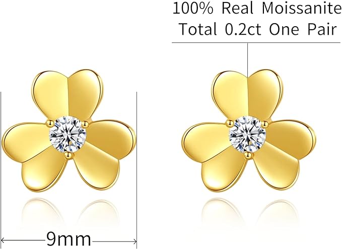 ONE PAIR: Stud Earrings 14K YELLOW GOLD PLATED MOISSANITE DIAMONDS FLOWER