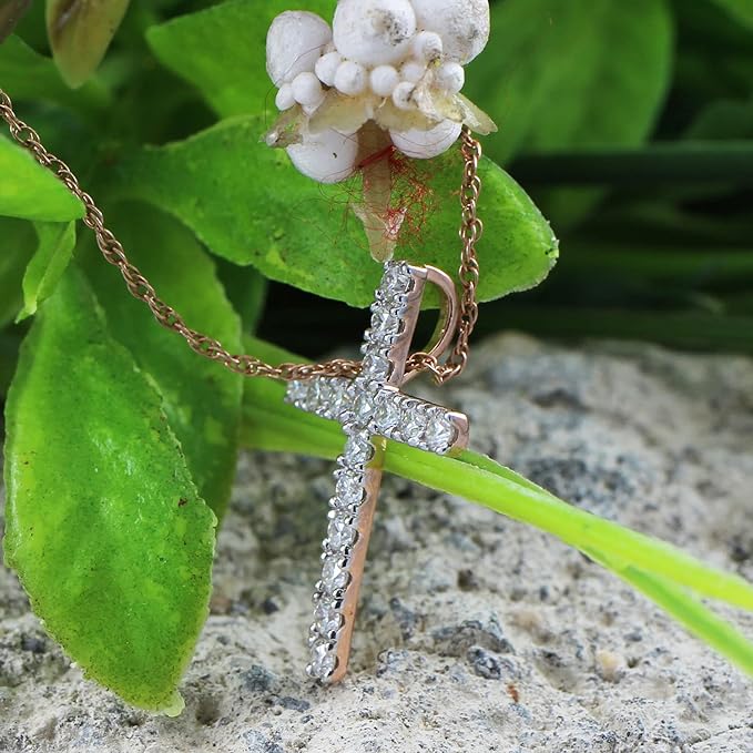 ONE :💎Pendant Cross Necklace💎MOISSANITE DIAMOND 14k ROSE GOLD PLATED OVER 925 STERLNG SILVER