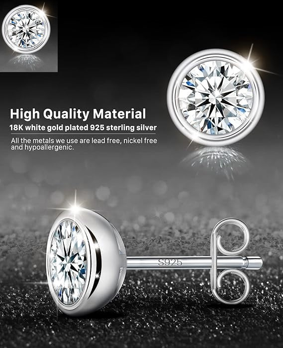 ONE PAIR: 925 Sterling Silver STUD MOISSANITE Earrings  Brilliant ROUND CUT HIGH QUALITY MOISSANITE DIAMOND 18 K White Gold Plated
