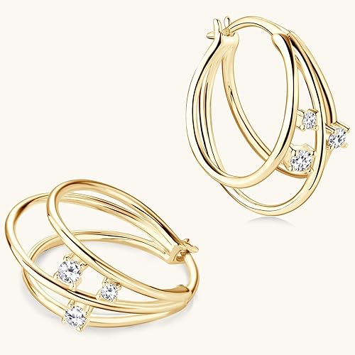 ONE PAIR: MOISSANITE Diamond Earrings, Triple Huggie Illusion Hoop Earrings for Women D Color Lab Create Diamond Hoop Earring 18K Gold Plated 925 Sterling Silver with GRA Certificate Birthday Jewelry Gifts