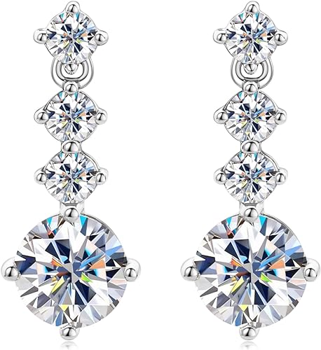 ONE PAIR: 925 Sterling Silver DROP MOISSANITE Earrings  Brilliant ROUND CUT Color: 19.4mm-White Gold 2.6CT HIGH QUALITY MOISSANITE DIAMOND