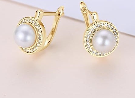 ONE PAIR:  Hand Crafted with High-Quality 925 Sterling Silver, These Earrings are Plated in 18k Yellow Gold  MOISSANITE DIAMONDS are round cut for a multi-faceted look and freshwater pearls