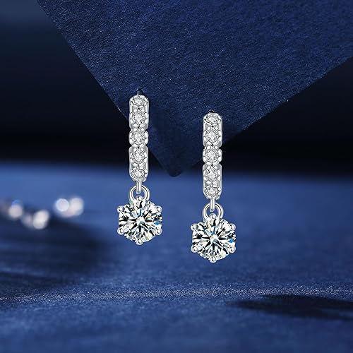 ONE PAIR: 925 Sterling Silver MOISSANITE DANGLE Earrings HIGH QUALITY MOISSANITE DIAMOND Brilliant ROUND CUT