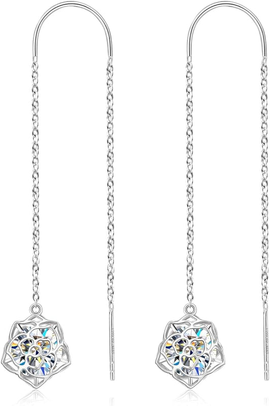 ONE PAIR: MOISSANITE Threader Earrings, Princess Round Cut 0.8-4CT D-E Color MOISSANITE, 18K Gold Plated 925 Sterling Silver, Hypoallergenic, Jewelry Box Packed, Gifts for Her  Earrings  Color: Rose Flower-Silver