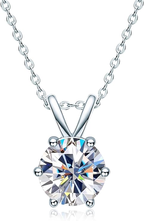 ONE : 💎Pendant Necklace 💎 MOISSANITE DIAMOND Style: 6-Prong Round (18K White Gold OVER 925 Sterling Silver Necklace)-2CT Cut D Color VVS1 Clarity