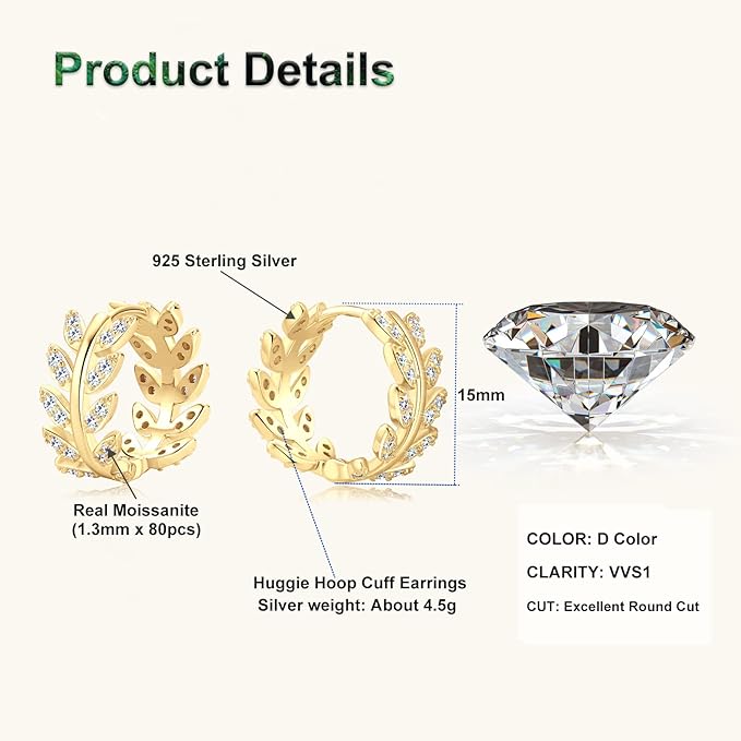 ONE PAIR: Gorgeous HOOP EARRINGS MOISSANITE DIAMONDS D Color VVS1 Clarity Brilliant Earrings 925 Sterling Silver 18K Gold Plated