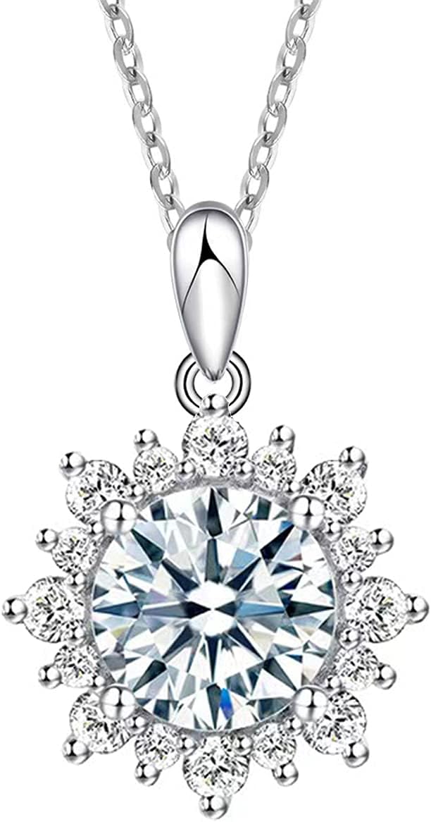 ONE : 💎Pendant Necklace 💎 MOISSANITE DIAMOND Style: SUN FLOWER (18K WHITE Gold) OVER 925 Sterling Silver Necklace) D Color VVS1 Clarity 6 PRONG 2CT