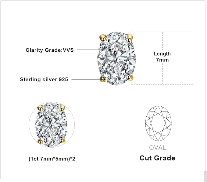 ONE PAIR: MOISSANITE Solitaire Stud Earrings, 925 Sterling Silver 14k Gold Plated Earrings for Her, Classic Simulated Diamond Earrings VVS D-F Color: 2-Yellow Gold Plated-MOISSANITE