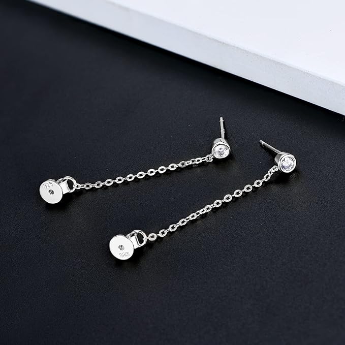 ONE PAIR: Dangle Chain Earrings 925 Sterling Silver Drop Stud Earrings, HIGH QUALITY MOISSANITE Diamonds  GRA Certificate