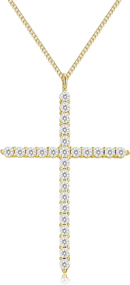 ONE :💎Pendant Cross Necklace💎MOISSANITE DIAMOND 14k YELLOW GOLD PLATED OVER 925 STERLNG SILVER