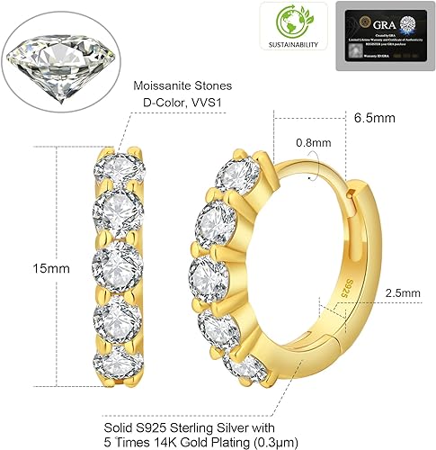 ONE PAIR: HOOP Earrings, MOISSANITE Diamonds 14K YELLOW GOLD PLATED OVER 925 Sterling Silver, Comes With A GRA Certificate. Color: Silver-1.0ct-Single row