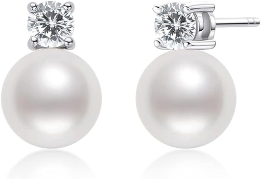 ONE PAIR:  Elegant Freshwater Cultured White 9mm Pearl Drop Stud Earrings MOISSANITE DIAMONDS D Color VVS1 Clarity Brilliant Silver