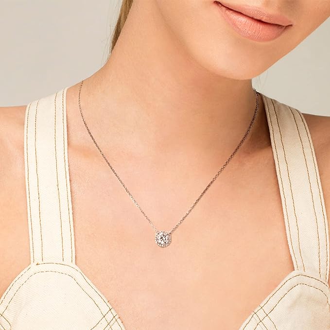 ONE : 💎Pendant Necklace 💎 MOISSANITE DIAMOND Style: Round Halo-1CT (18K White Gold) OVER 925 Sterling Silver Necklace) D Color VVS1 Clarity