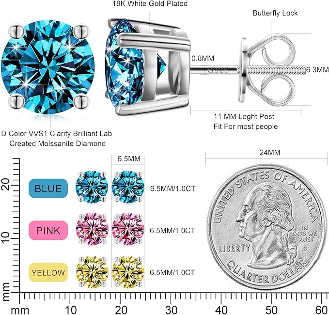 ONE PAIR: of Earrings 2.0 carats (1.0ct 6.5mm*2) Screw Back Color Blue HIGH QUALITY MOISSANITE DIAMOND EARRINGS SCREW BACK